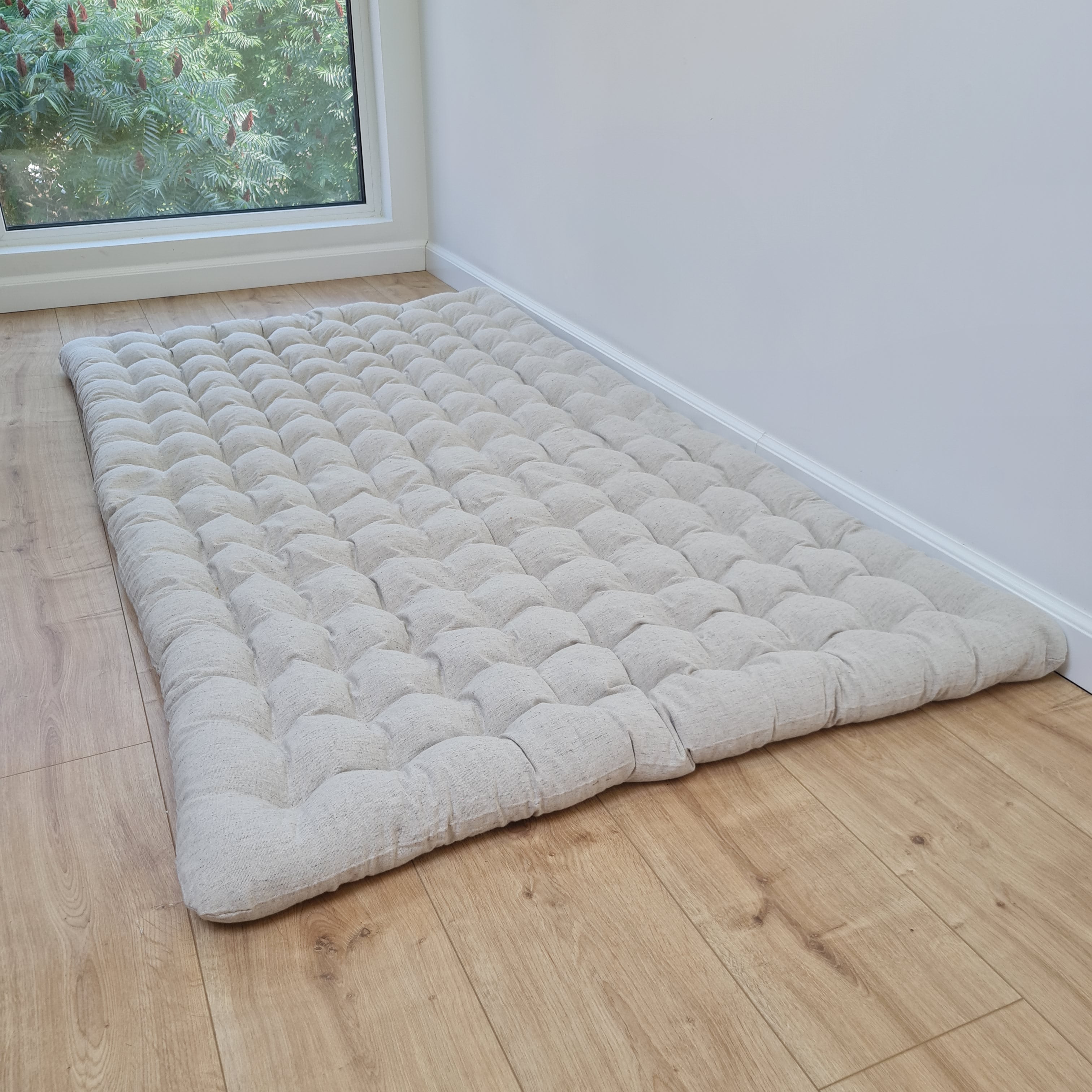 35" x 65" (90x165cm) Natural HEMP floor topper filled organic buckwheat hulls filling yoga mat multi chamber futon in hemp fabric