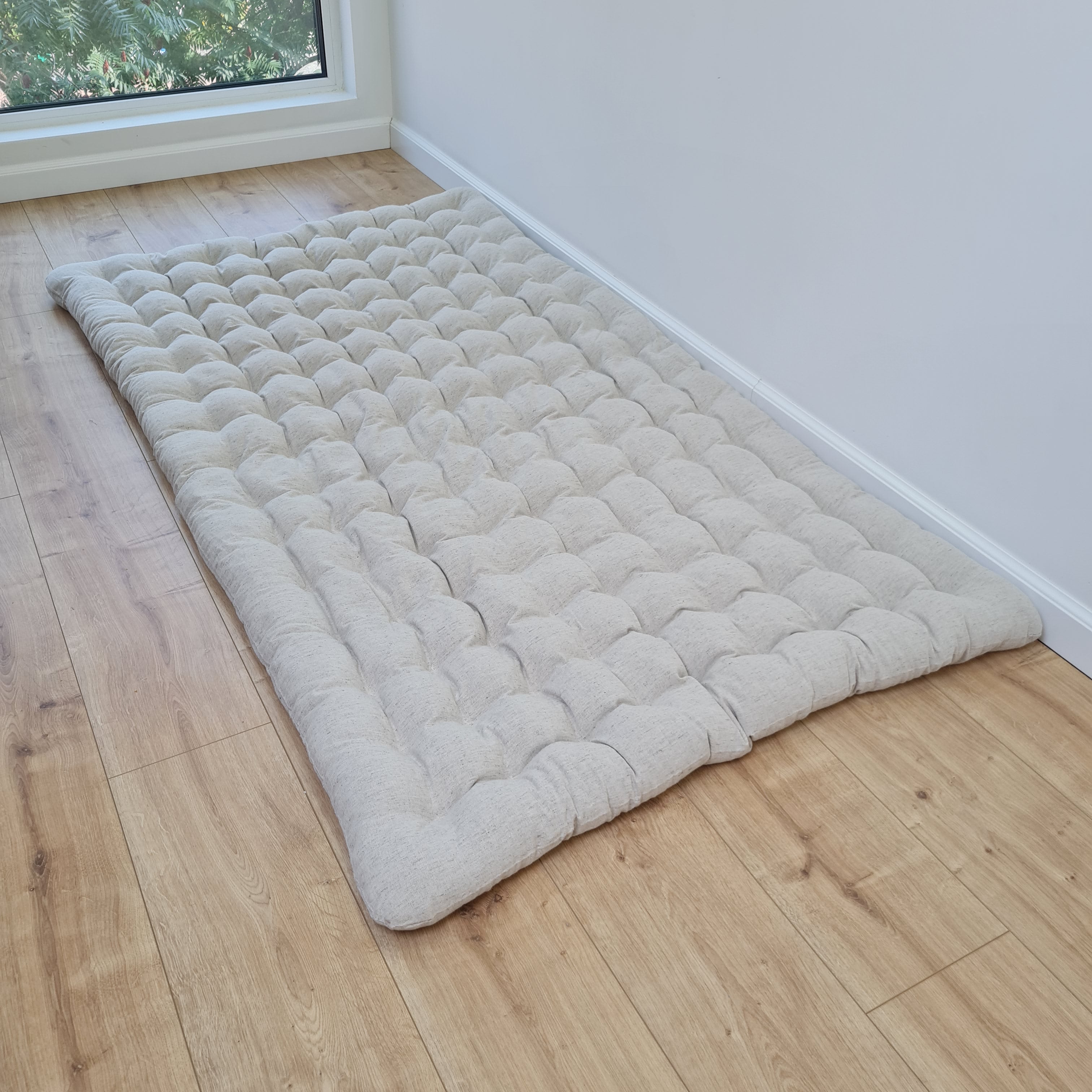 35" x 65" (90x165cm) Natural HEMP floor topper filled organic buckwheat hulls filling yoga mat multi chamber futon in hemp fabric