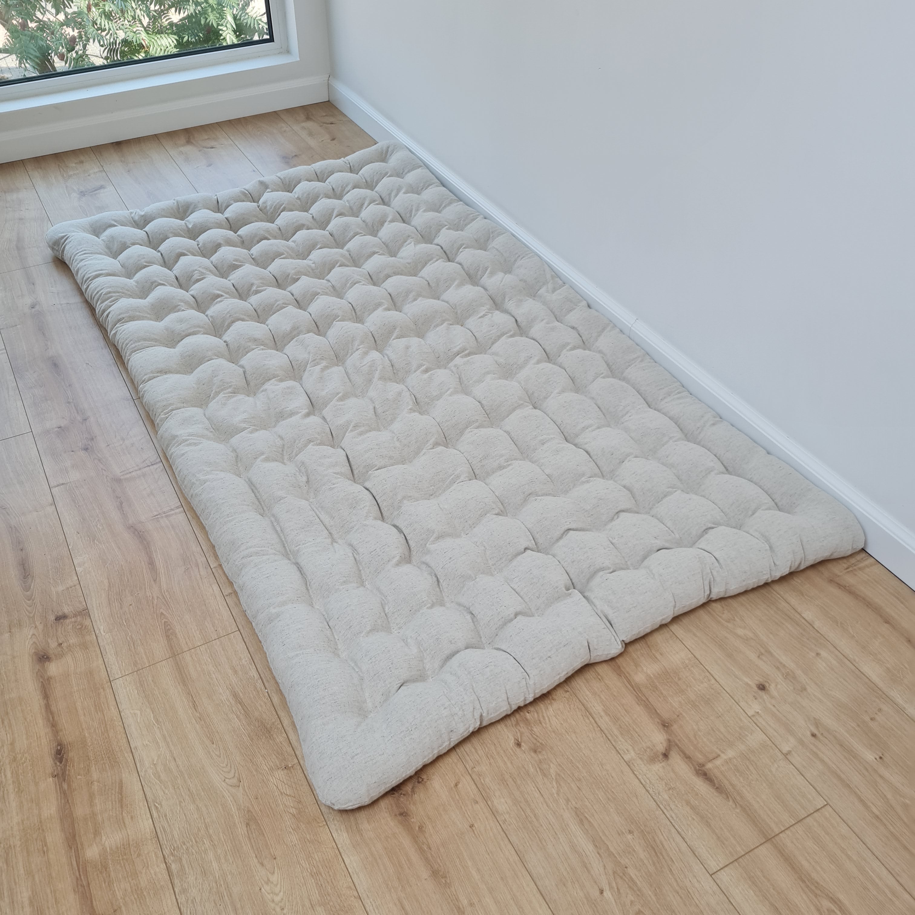 35" x 65" (90x165cm) Natural HEMP floor topper filled organic buckwheat hulls filling yoga mat multi chamber futon in hemp fabric