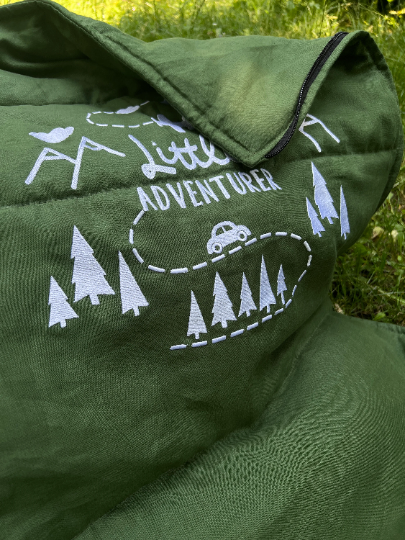 Toddler HEMP Linen Sleeping bag Green "Adventurer" School Nap Mat Kids organic Hemp Fiber Filling in Linen Fabric Blanket Hand Made
