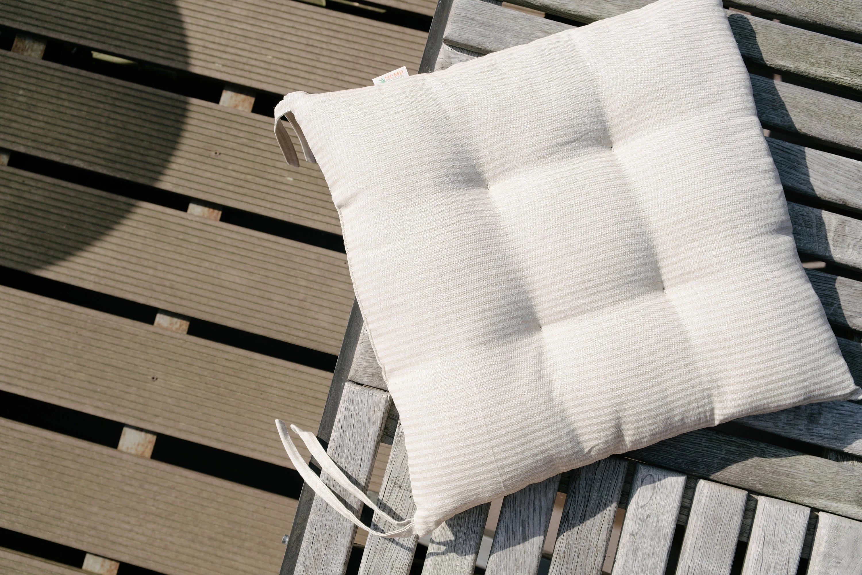Special listing for Lauren Gray six 17"x18" hemp chair cushions with ties in linen Stripe 1 fabric