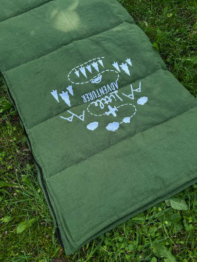 Toddler HEMP Linen Sleeping bag Green "Adventurer" School Nap Mat Kids organic Hemp Fiber Filling in Linen Fabric Blanket Hand Made