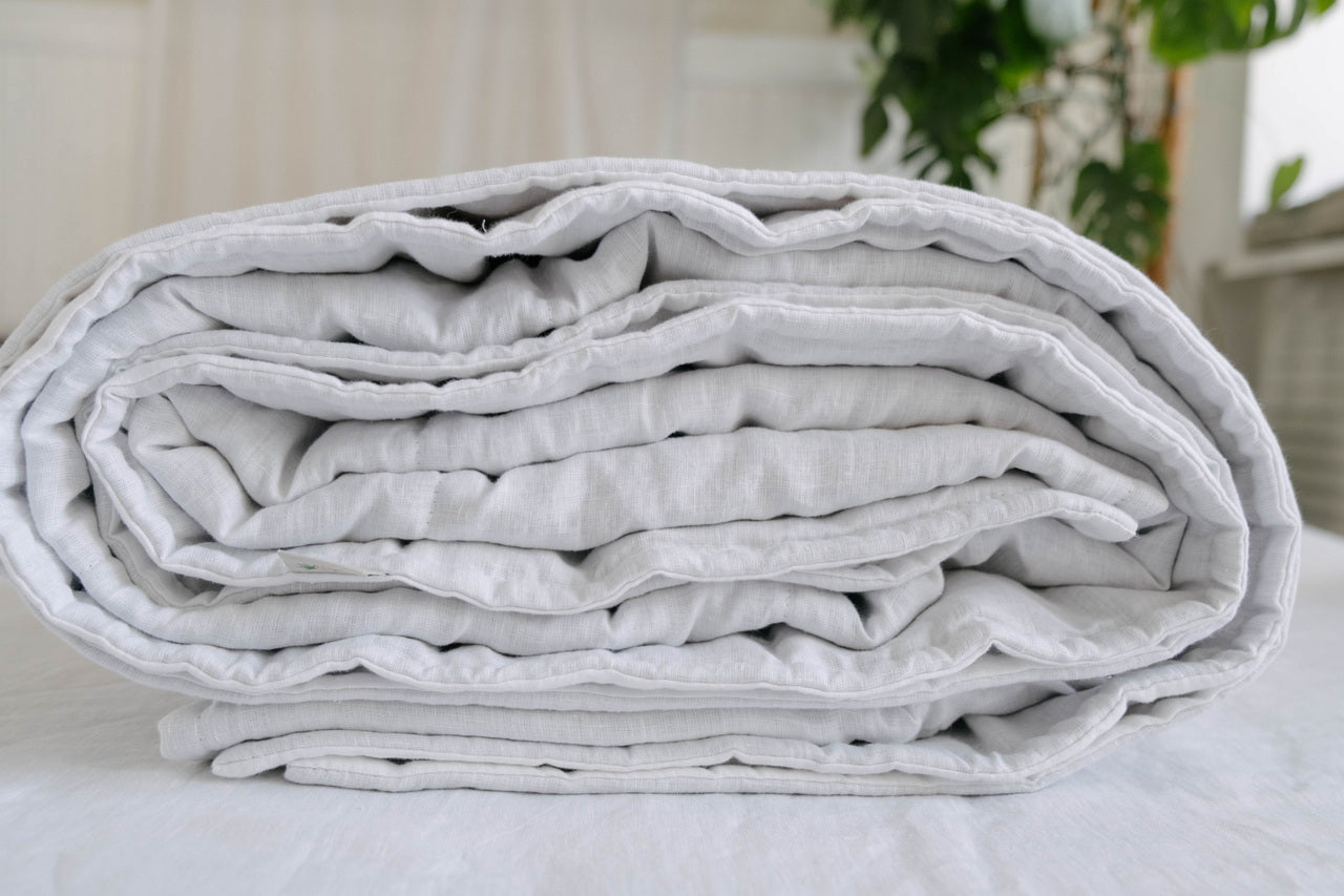 White Natural HEMP Linen blanket quilt in stripe- linen organic fabric + filler organic Hemp fiber - Full Queen King custom sizes