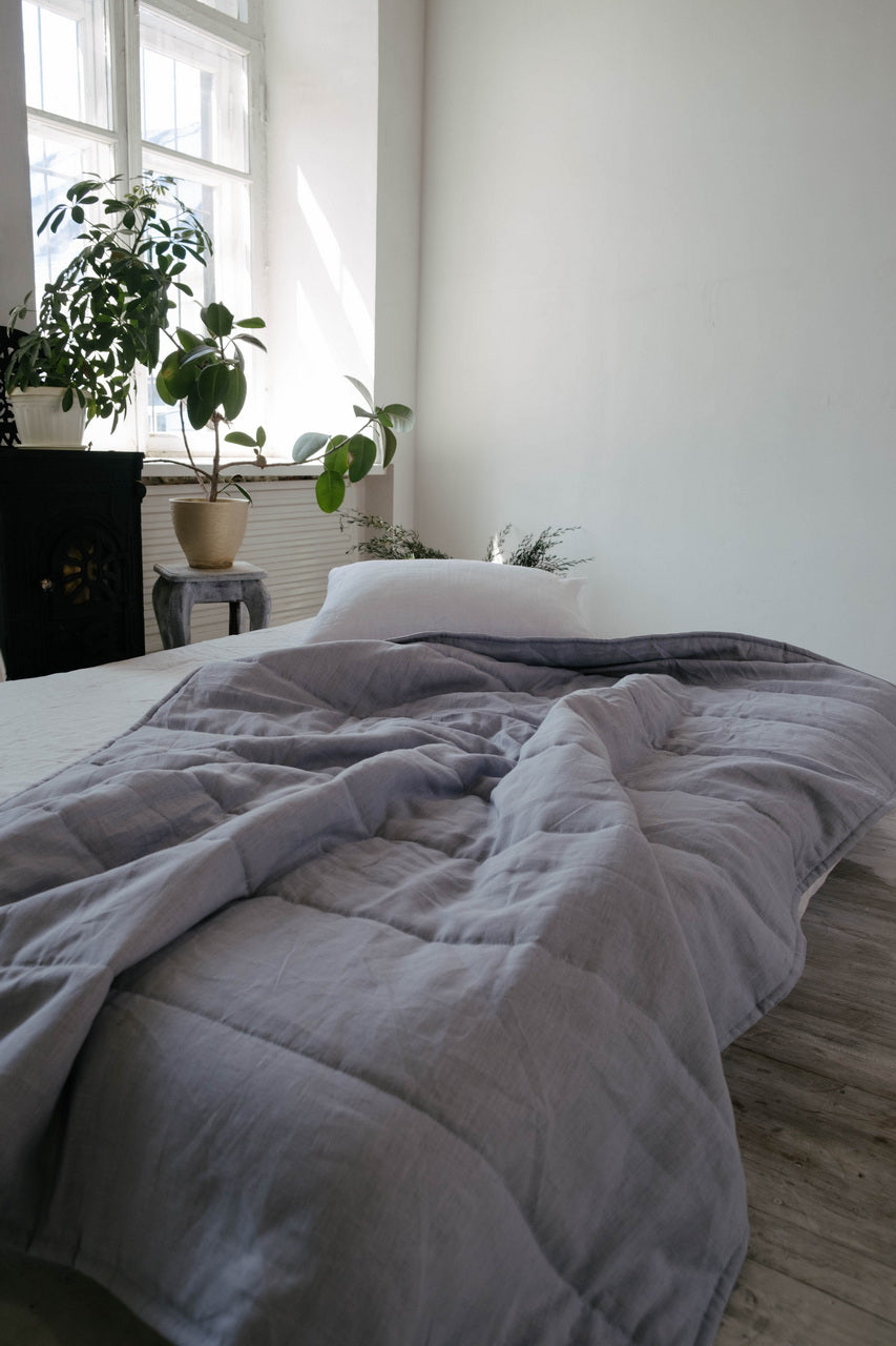 HEMP Linen blanket organic Hemp fiber filling in Natural Linen Fabric Full Twin Queen custom size cozy organic quilted blanket