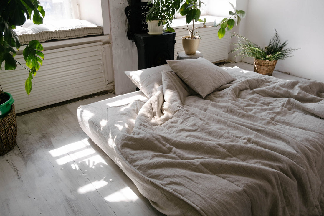 Natural Grey HEMP Linen  blanket quilt - linen organic fabric + filler - organic Hemp fiber - in stripe Full Twin Queen King Custom Sizes