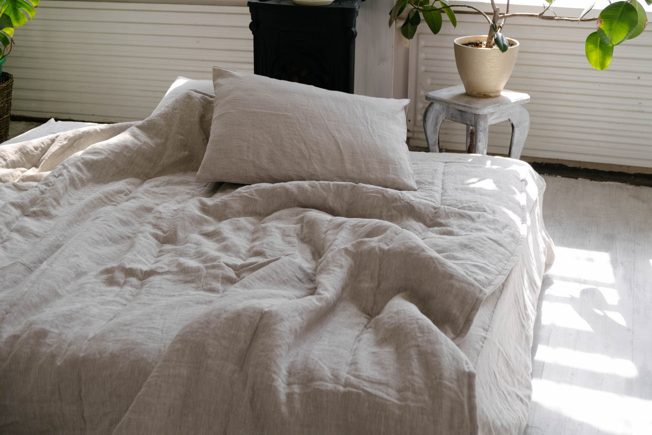 Natural Grey HEMP Linen blanket quilt - linen organic fabric + filler - organic Hemp fiber - in stripe Full Twin Queen King Custom Sizes