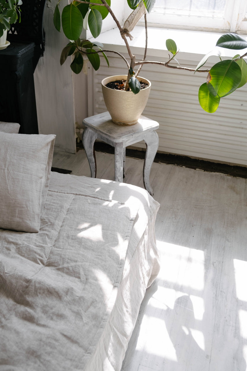 Natural Grey HEMP Linen blanket quilt - linen organic fabric + filler - organic Hemp fiber - in stripe Full Twin Queen King Custom Sizes