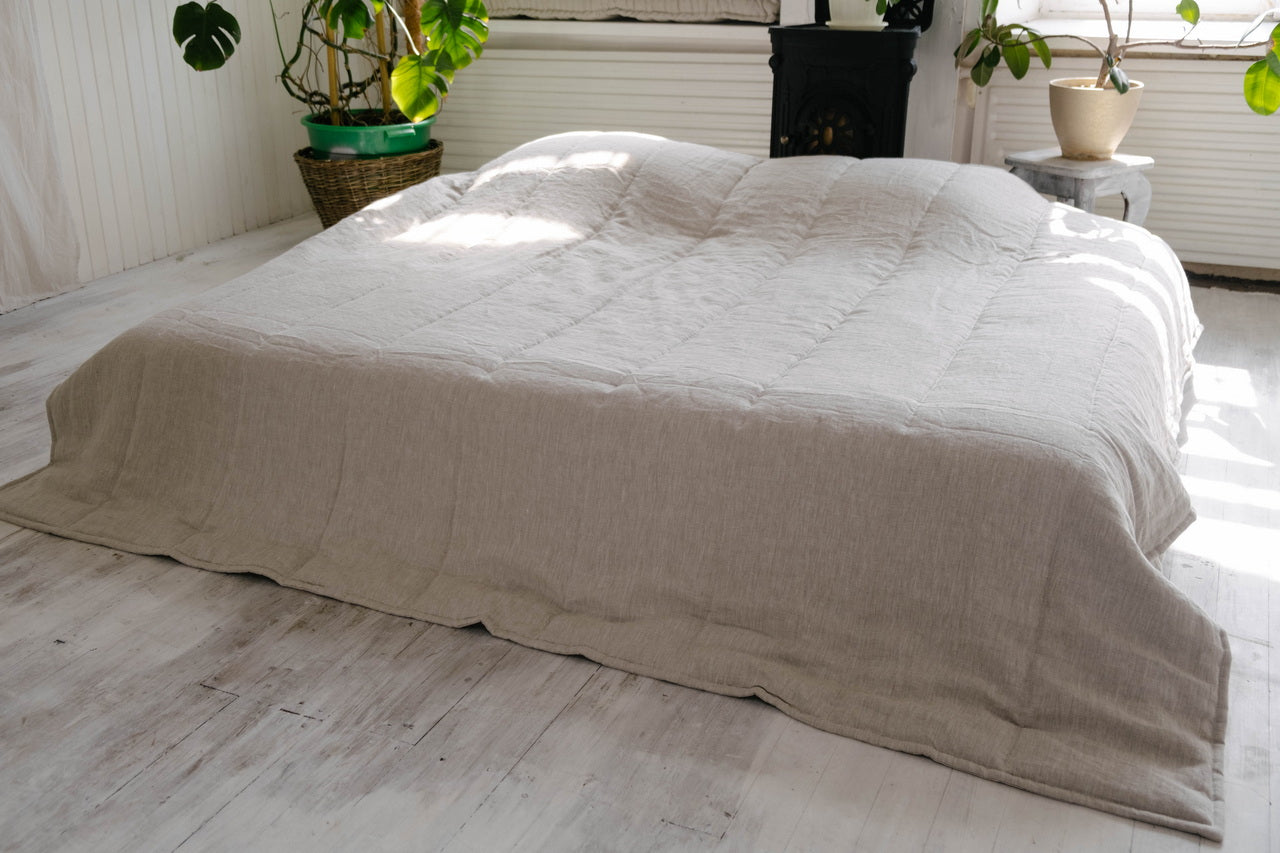 Natural Grey HEMP Linen blanket quilt - linen organic fabric + filler - organic Hemp fiber - in stripe Full Twin Queen King Custom Sizes