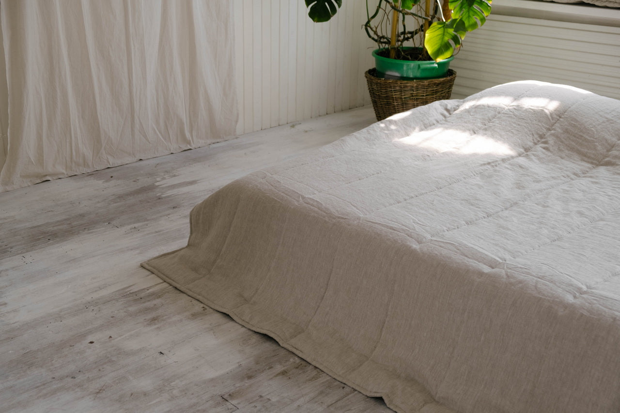 Natural Grey HEMP Linen blanket quilt - linen organic fabric + filler - organic Hemp fiber - in stripe Full Twin Queen King Custom Sizes