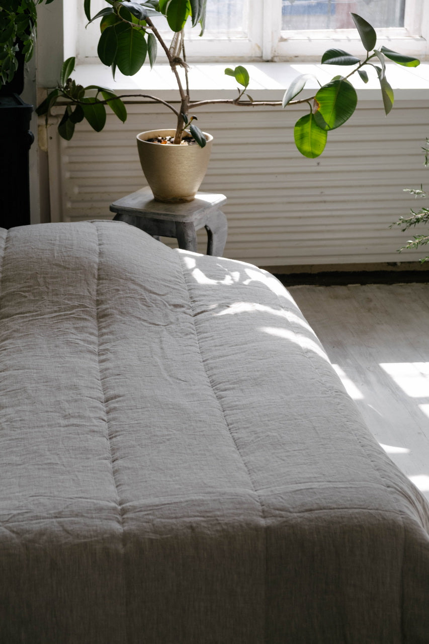 Natural Grey HEMP Linen blanket quilt - linen organic fabric + filler - organic Hemp fiber - in stripe Full Twin Queen King Custom Sizes
