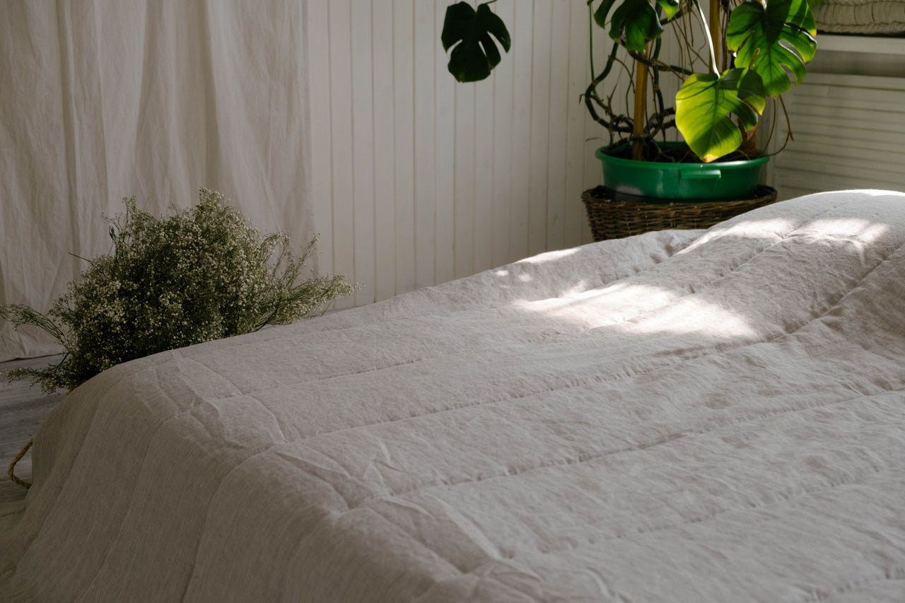 Natural Grey HEMP Linen blanket quilt - linen organic fabric + filler - organic Hemp fiber - in stripe Full Twin Queen King Custom Sizes