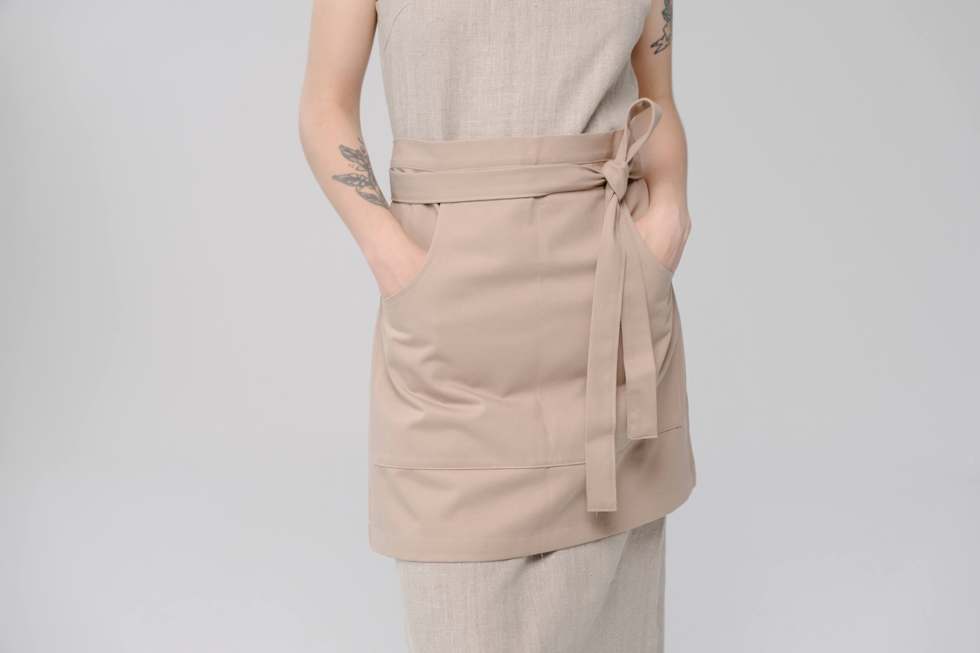 Beige Cotton Waist Apron, natural bistro apron half apron with pockets Personalized Embroidery Apron for women, men