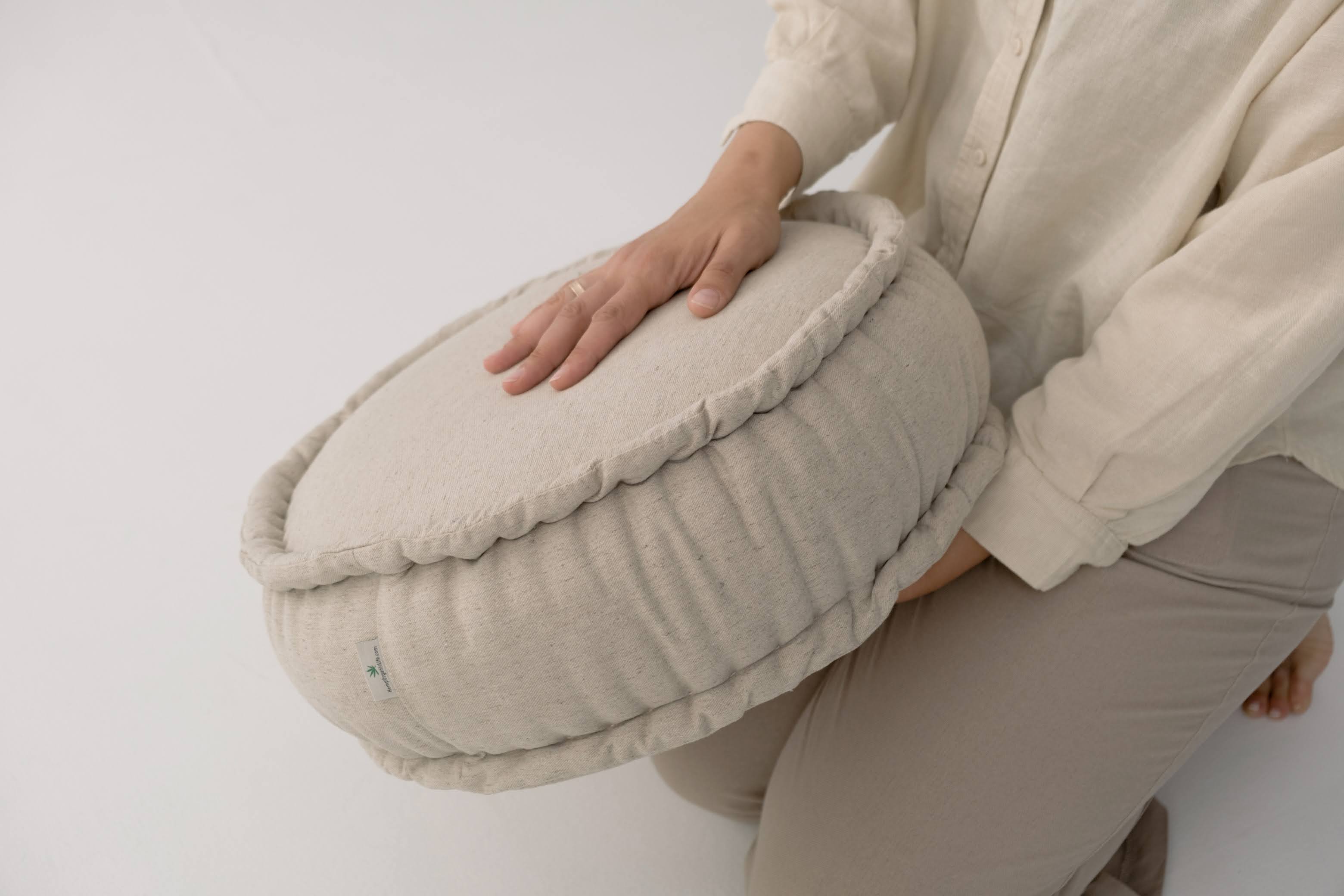 Thick Round Hemp Cushion filled Organic Hemp Fiber in natural Linen fabric Floor cushion Meditation pillow custom made size