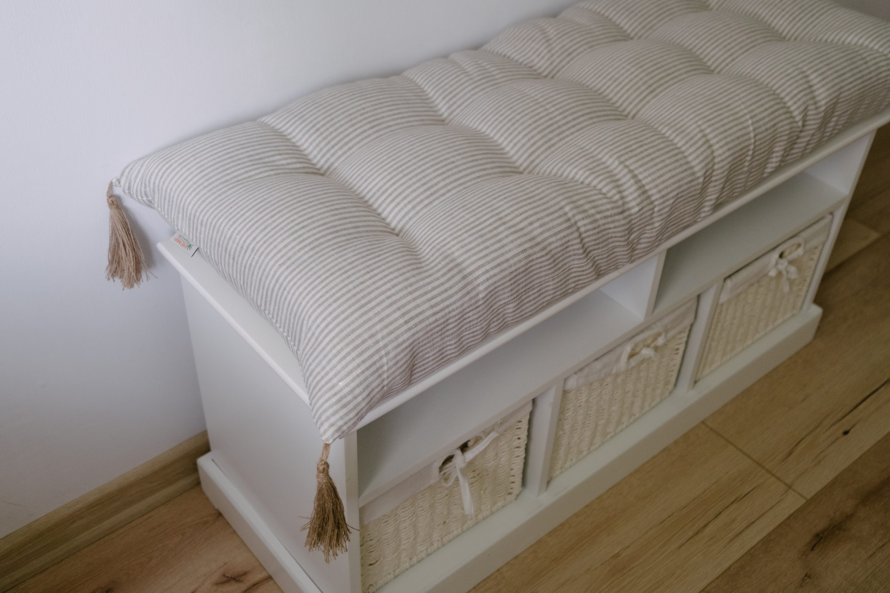 Special listing for Kate Roden two 35" x 14" and one 48" x 16" hemp cushions without tassels in natural linen fabric in stripe