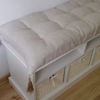 Special listing for Kate Roden two 35" x 14" and one 48" x 16" hemp cushions without tassels in natural linen fabric in stripe