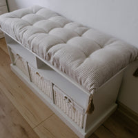 Special listing for Kate Roden two 35" x 14" and one 48" x 16" hemp cushions without tassels in natural linen fabric in stripe