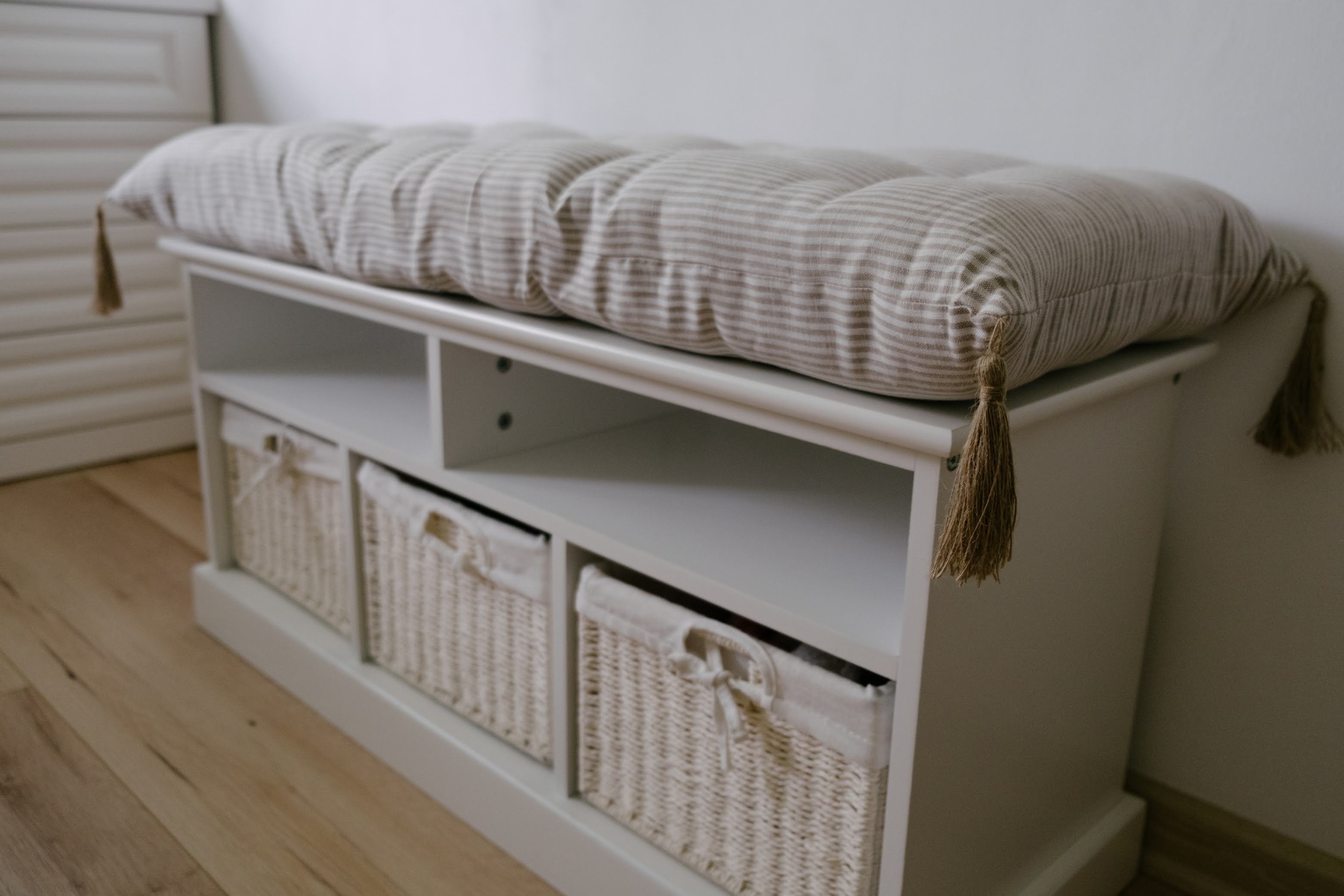Special listing for Kate Roden two 35" x 14" and one 48" x 16" hemp cushions without tassels in natural linen fabric in stripe