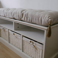 Special listing for Kate Roden two 35" x 14" and one 48" x 16" hemp cushions without tassels in natural linen fabric in stripe