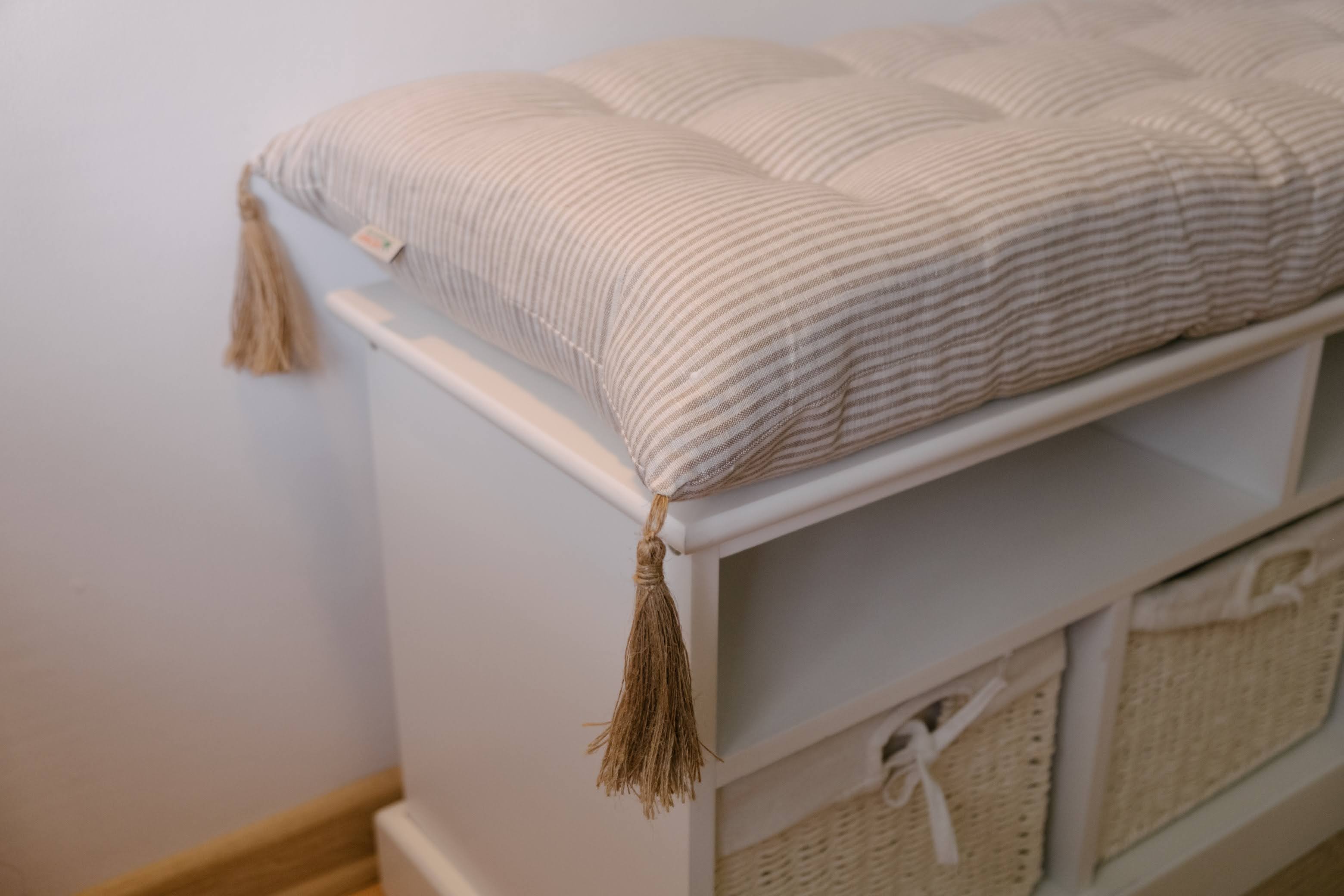 Special listing for Kate Roden two 35" x 14" and one 48" x 16" hemp cushions without tassels in natural linen fabric in stripe