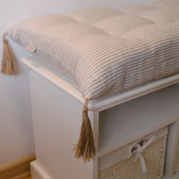 Special listing for Kate Roden two 35" x 14" and one 48" x 16" hemp cushions without tassels in natural linen fabric in stripe