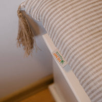 Special listing for Kate Roden two 35" x 14" and one 48" x 16" hemp cushions without tassels in natural linen fabric in stripe
