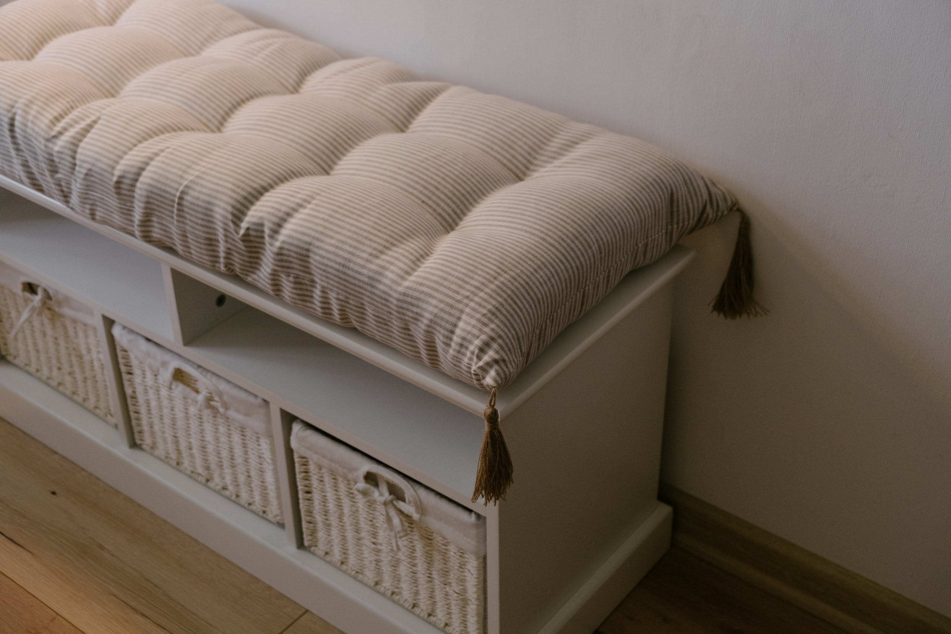 Special listing for Kate Roden two 35" x 14" and one 48" x 16" hemp cushions without tassels in natural linen fabric in stripe
