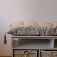 Special listing for Kate Roden two 35" x 14" and one 48" x 16" hemp cushions without tassels in natural linen fabric in stripe