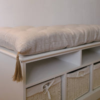 Special listing for Kate Roden two 35" x 14" and one 48" x 16" hemp cushions without tassels in natural linen fabric in stripe