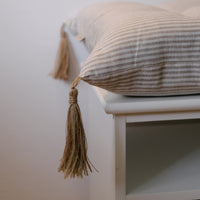 Special listing for Kate Roden two 35" x 14" and one 48" x 16" hemp cushions without tassels in natural linen fabric in stripe