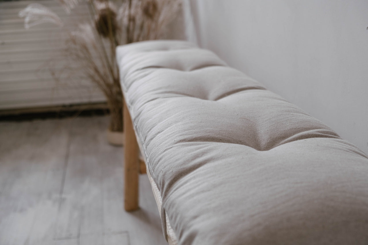 Natural Hemp Linen Bench Cushion with Ties Custom Made filled organic Hemp Fiber in natural non dyed Linen Fabric Window Bench Mudroom cushions