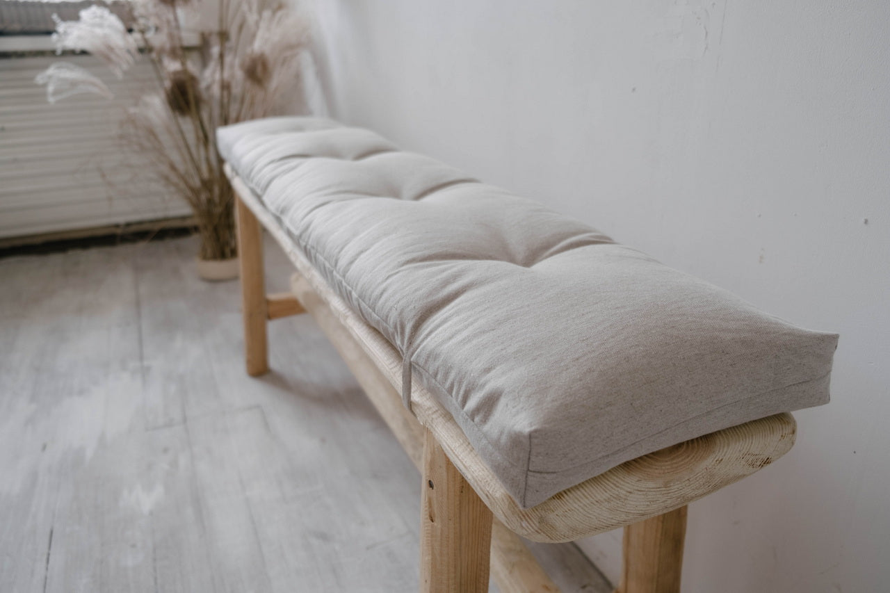 Natural Hemp Linen Bench Cushion with Ties Custom Made filled organic Hemp Fiber in natural non dyed Linen Fabric Window Bench Mudroom cushions