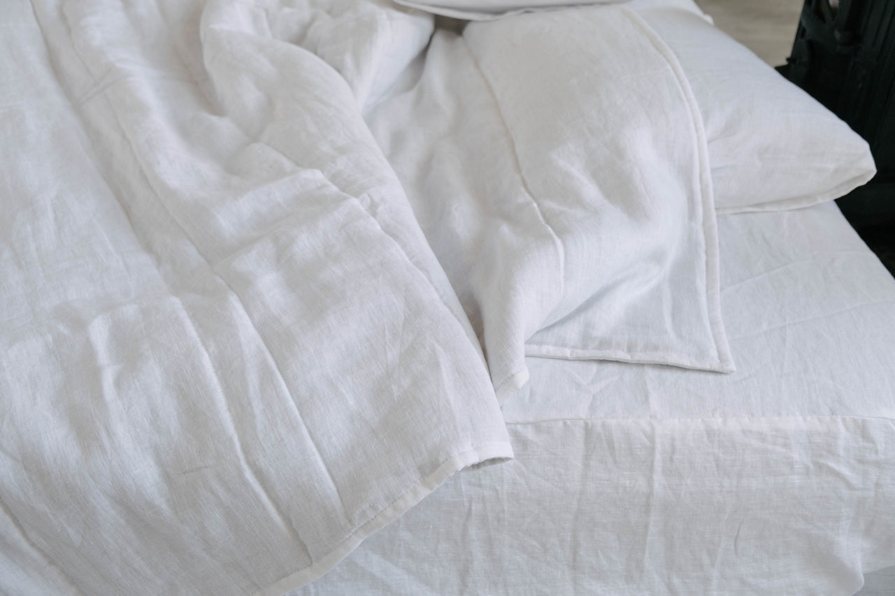 White Natural HEMP Linen blanket quilt in stripe- linen organic fabric + filler organic Hemp fiber - Full Queen King custom sizes