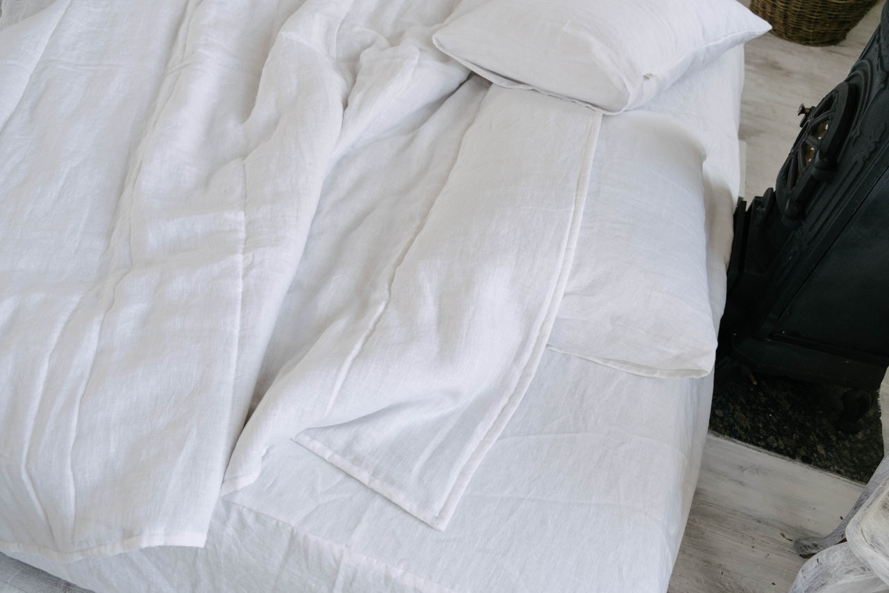 White Natural HEMP Linen blanket quilt in stripe- linen organic fabric + filler organic Hemp fiber - Full Queen King custom sizes