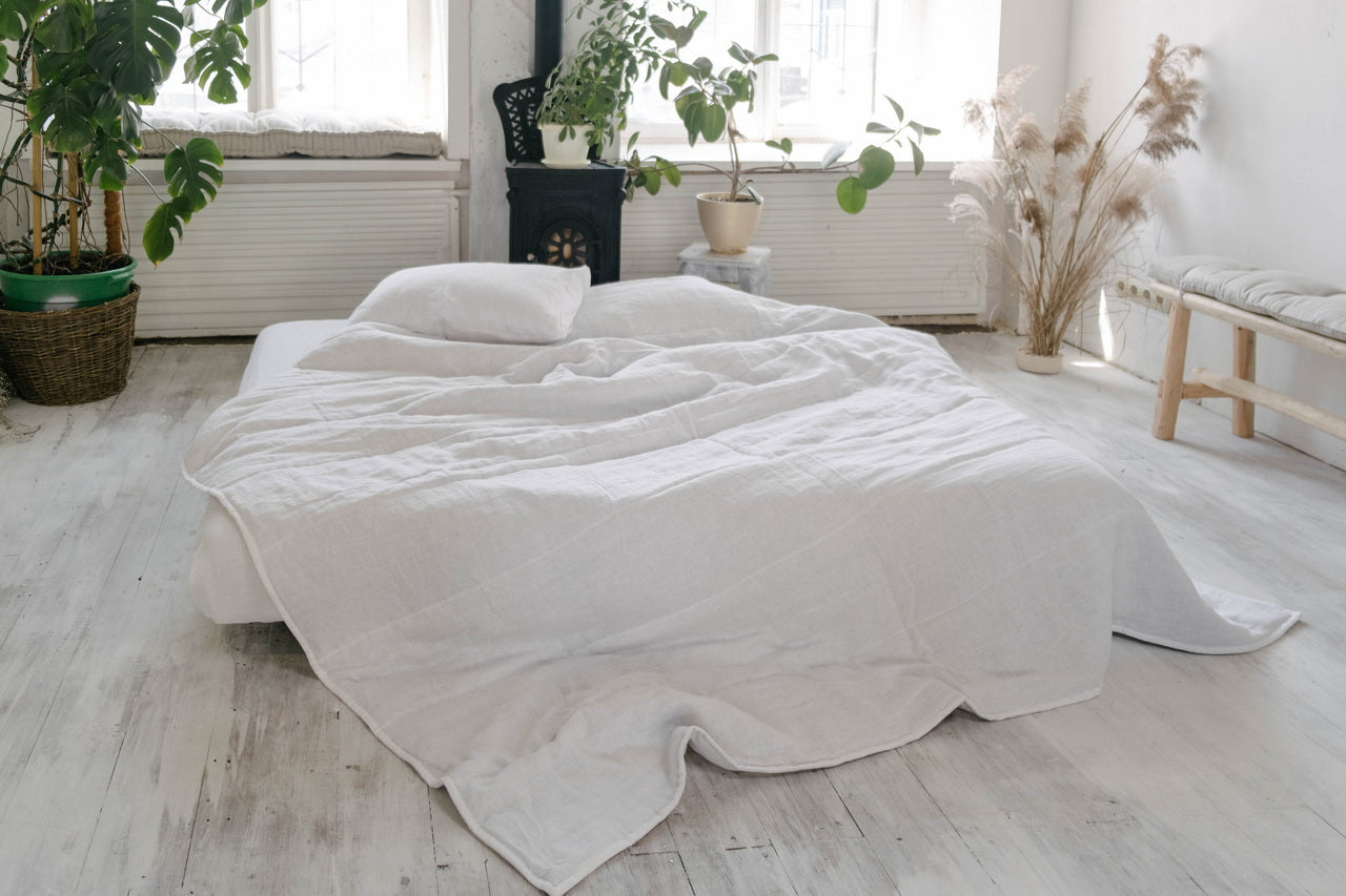 White Natural HEMP Linen blanket quilt in stripe- linen organic fabric + filler organic Hemp fiber - Full Queen King custom sizes