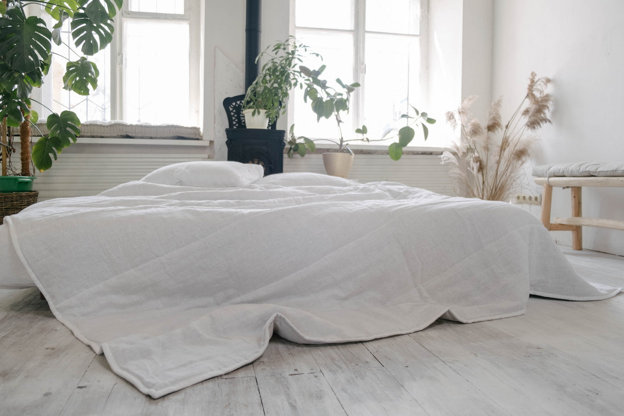 White Natural HEMP Linen blanket quilt in stripe- linen organic fabric + filler organic Hemp fiber - Full Queen King custom sizes
