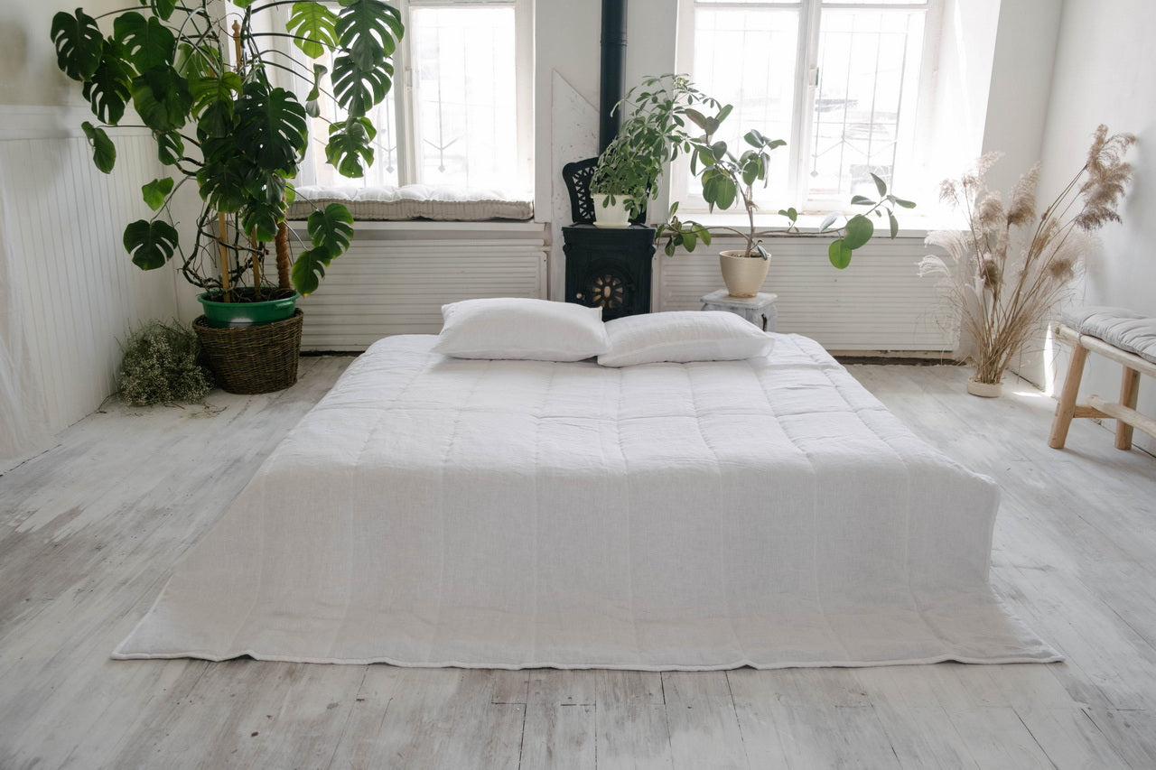White Natural HEMP Linen blanket quilt in stripe- linen organic fabric + filler organic Hemp fiber - Full Queen King custom sizes