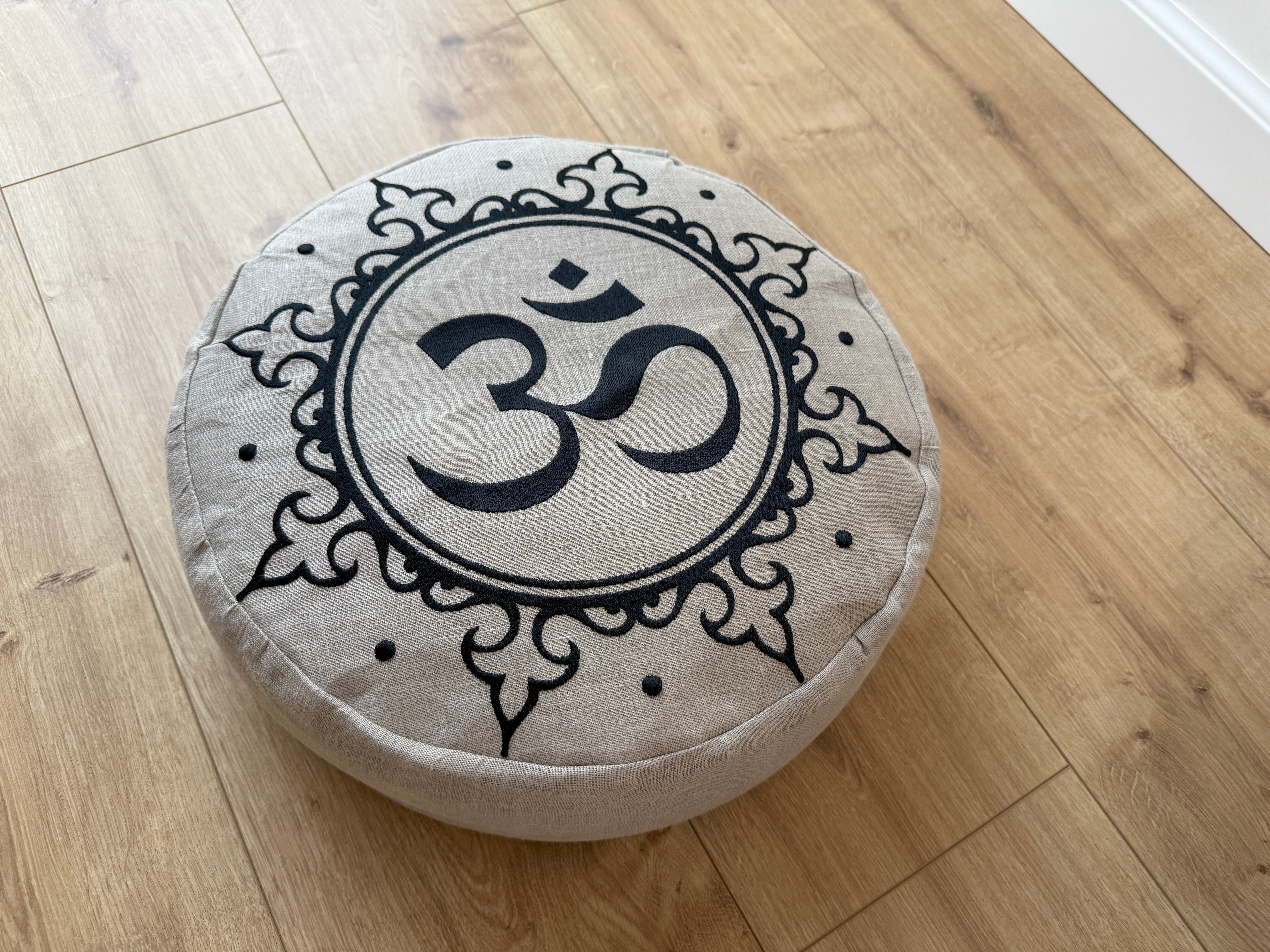 Embroidery Zafu OM Linen floor cushion with Buckwheat hulls /Organic Meditation cushion/ pillow seat/Meditation pillow for Yoga studio