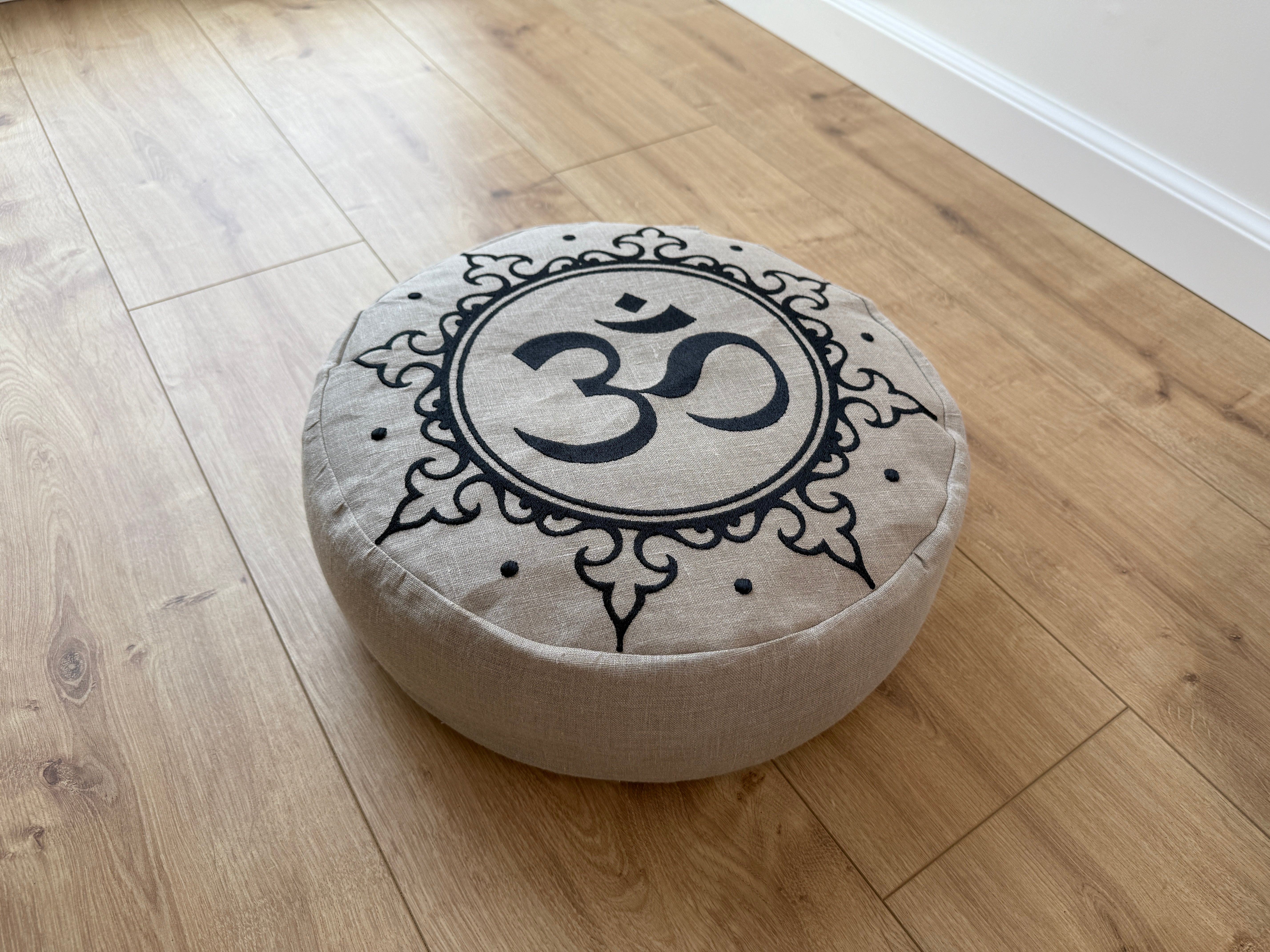 Embroidery Zafu OM Linen floor cushion with Buckwheat hulls /Organic Meditation cushion/ pillow seat/Meditation pillow for Yoga studio