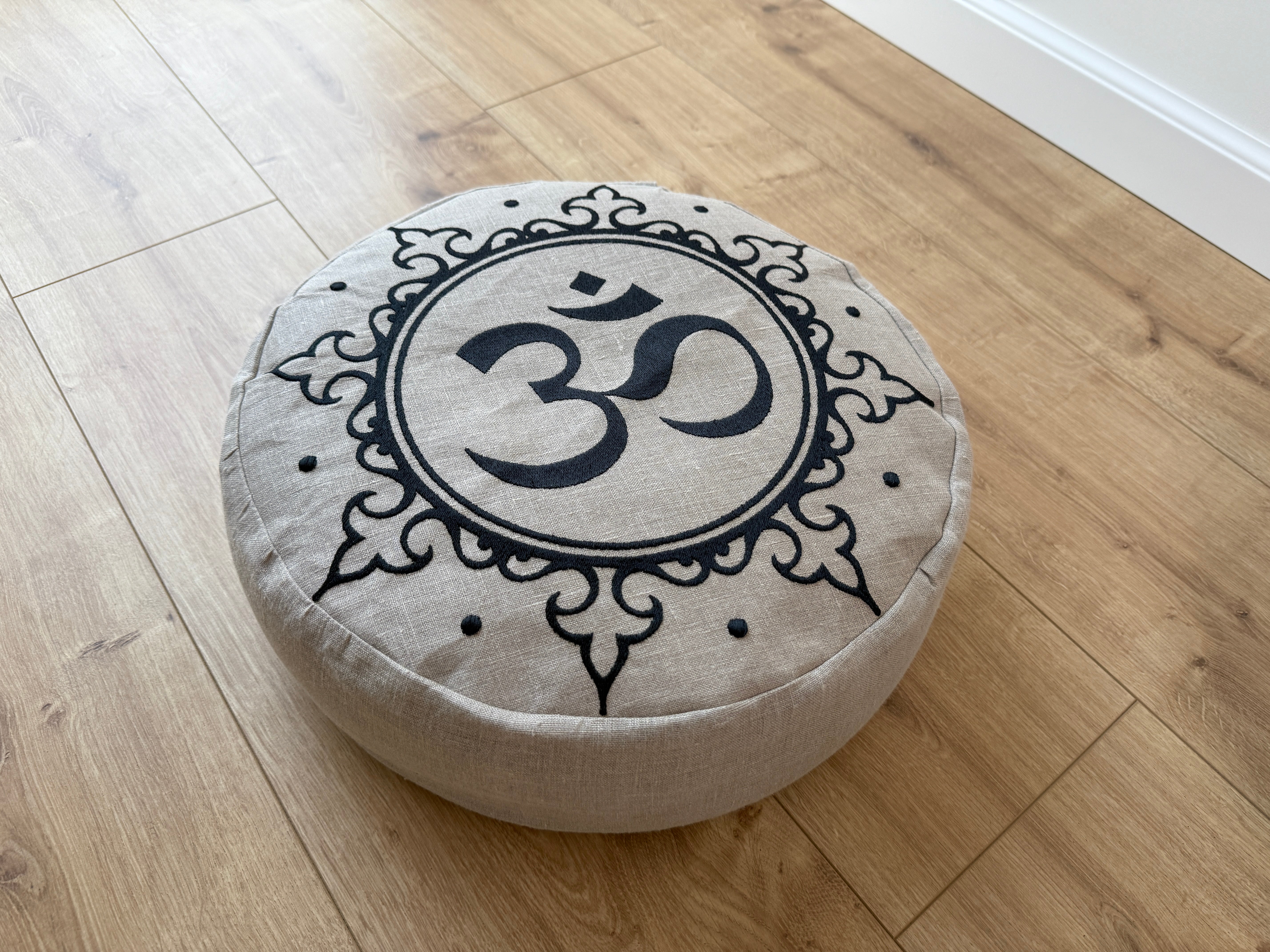 Embroidery Zafu OM Linen floor cushion with Buckwheat hulls /Organic Meditation cushion/ pillow seat/Meditation pillow for Yoga studio