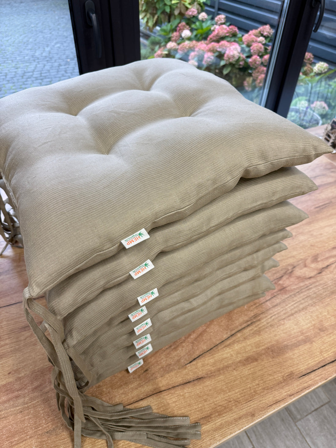 Hemp Linen seat cushion in Stripe for chair with ties filled organic hemp fiber in Natural Linen fabric in Stripe Chair Cushion Pillow seat