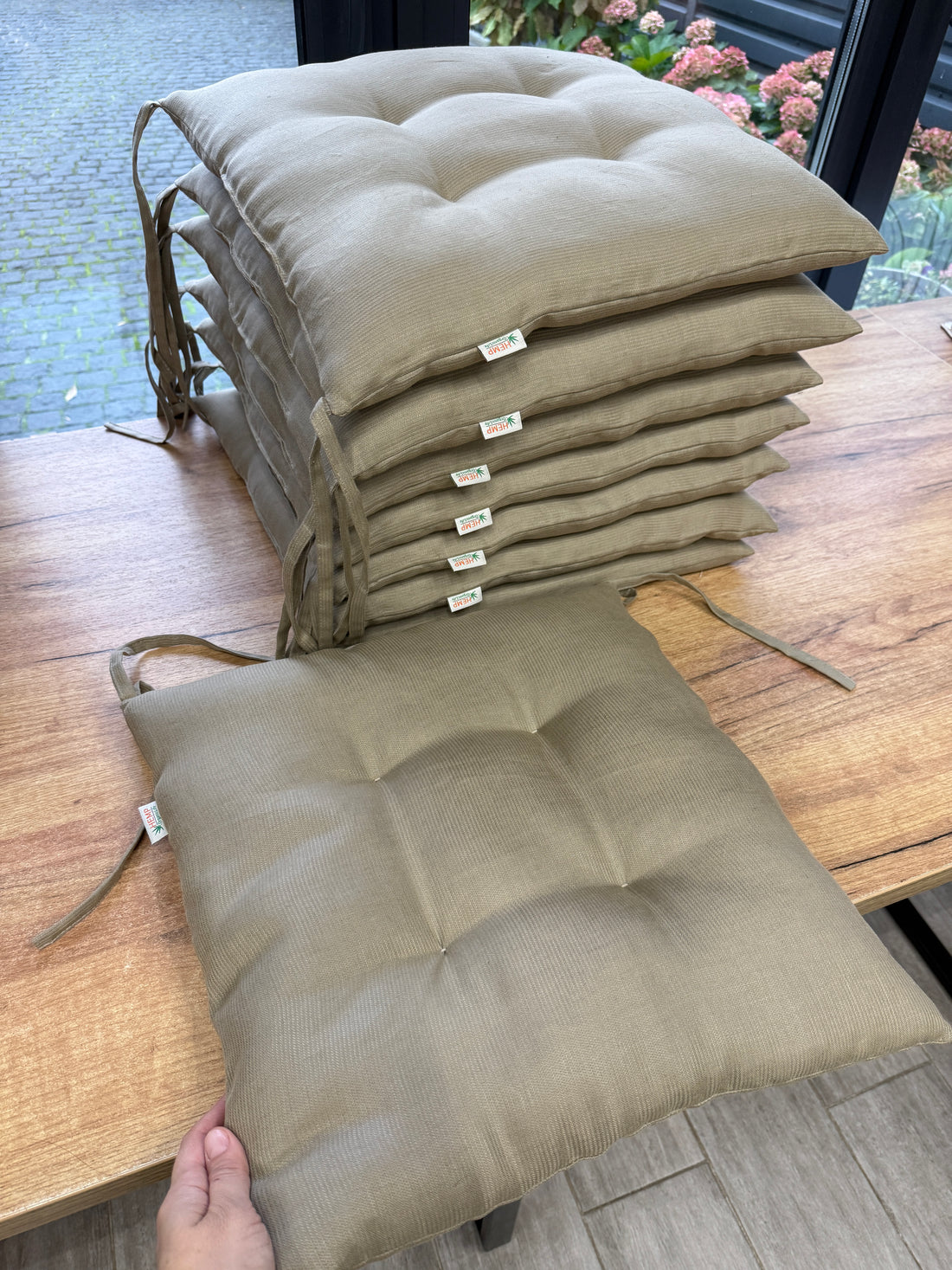 Hemp Linen seat cushion in Stripe for chair with ties filled organic hemp fiber in Natural Linen fabric in Stripe Chair Cushion Pillow seat