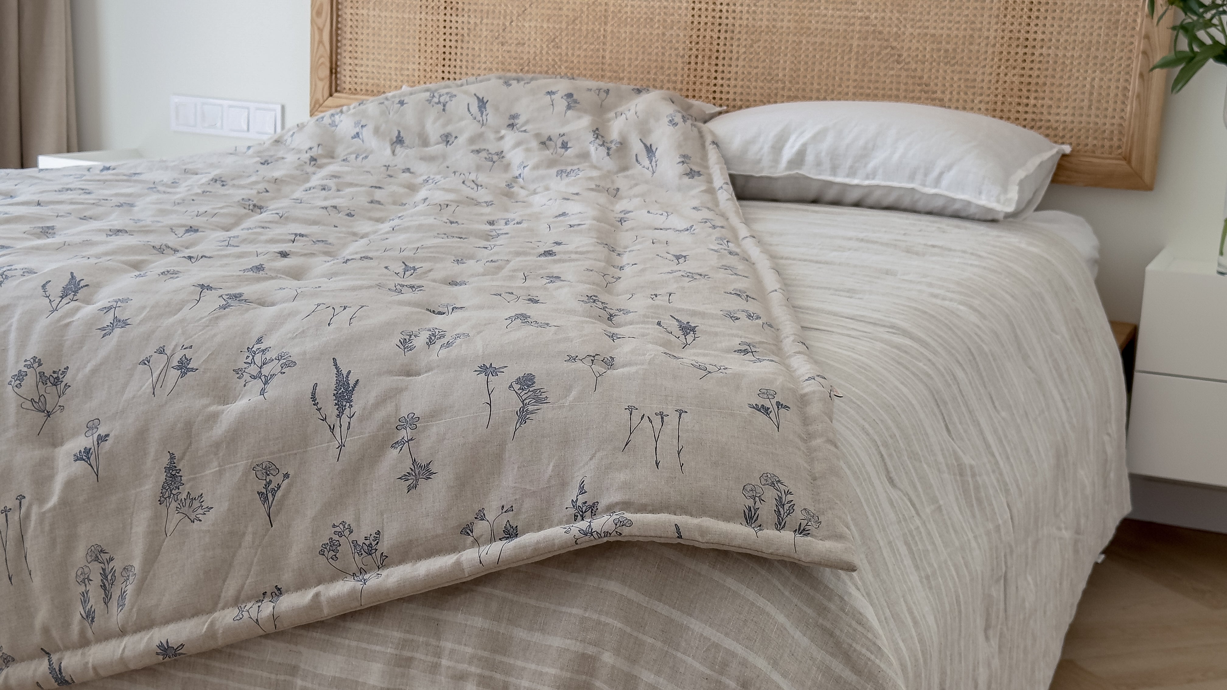 Natural Hemp Blanket in floral design natural linen fabric filled organic Hemp fiber filler Custom size Blanket