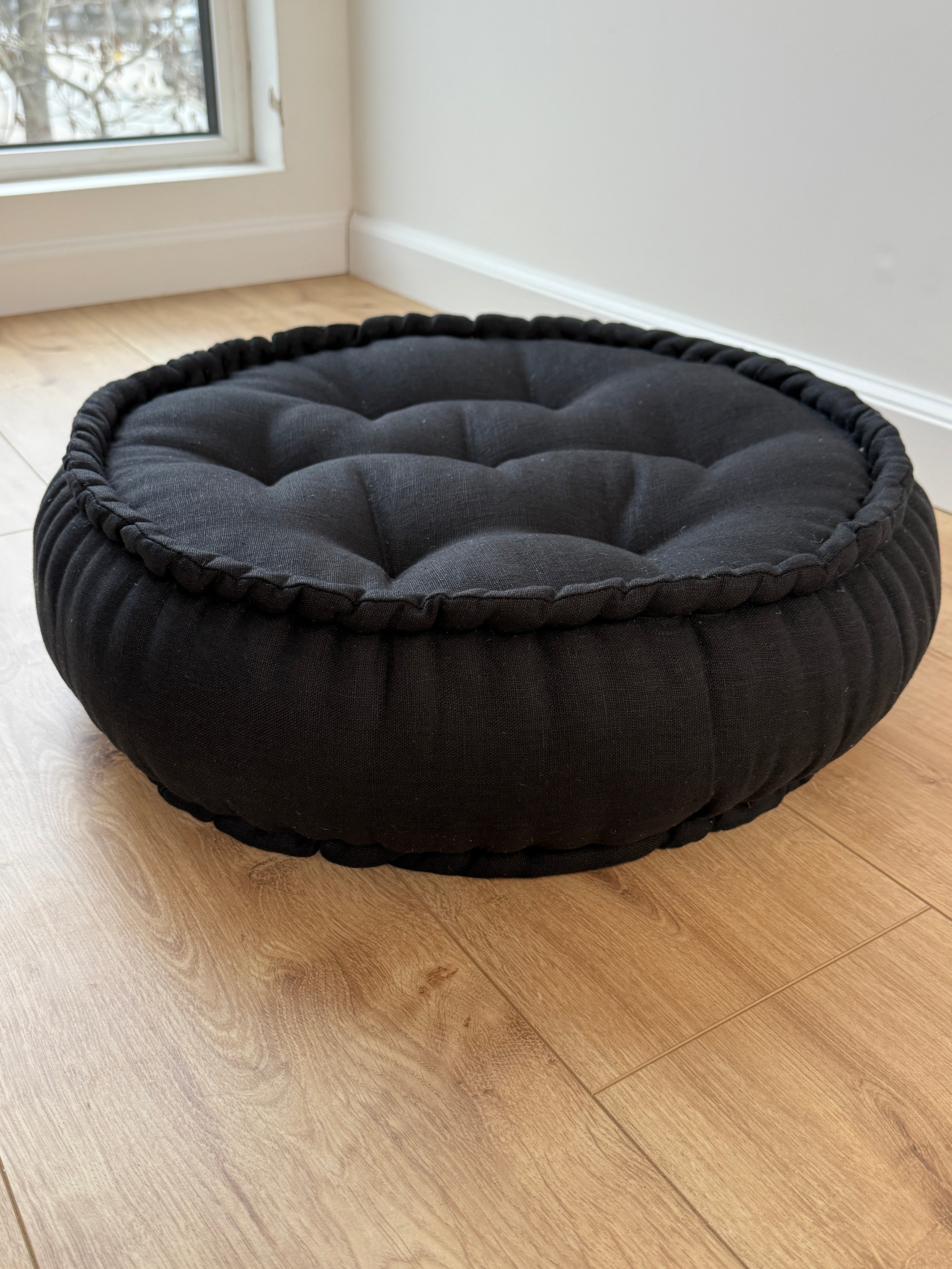 Black Round Hemp Linen Floor Cushion 6" (16cm) filled Organic Hemp Fiber in natural Linen fabric Meditation pillow seat custom made size
