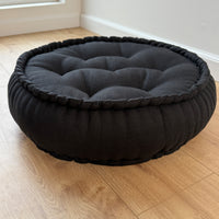 Black Round Hemp Linen Floor Cushion 6" (16cm) filled Organic Hemp Fiber in natural Linen fabric Meditation pillow seat custom made size