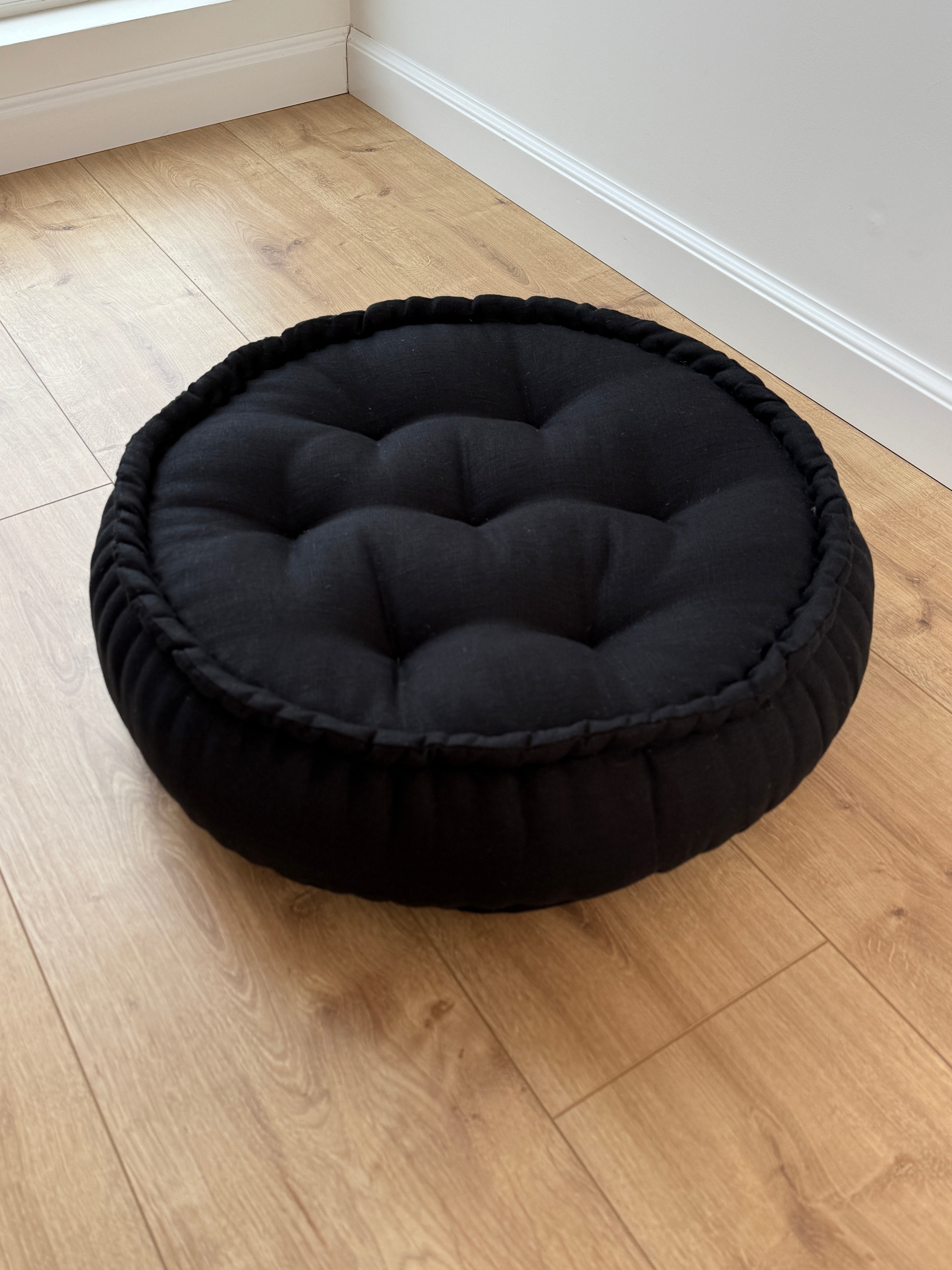 Black Round Hemp Linen Floor Cushion 6" (16cm) filled Organic Hemp Fiber in natural Linen fabric Meditation pillow seat custom made size