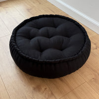 Black Round Hemp Linen Floor Cushion 6" (16cm) filled Organic Hemp Fiber in natural Linen fabric Meditation pillow seat custom made size