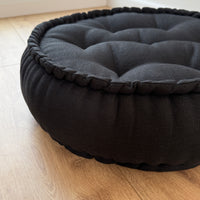 Black Round Hemp Linen Floor Cushion 6" (16cm) filled Organic Hemp Fiber in natural Linen fabric Meditation pillow seat custom made size