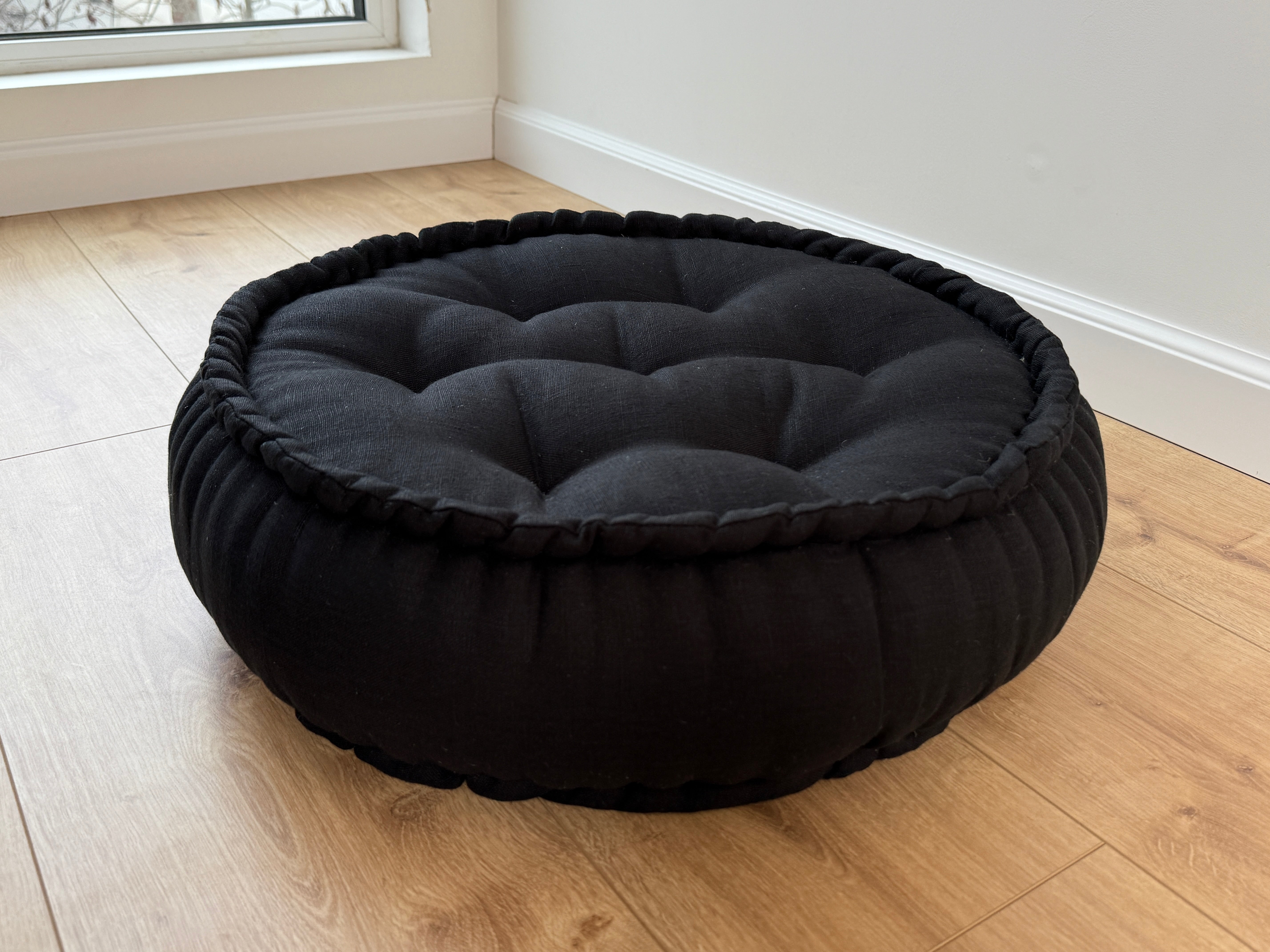 Black Round Hemp Linen Floor Cushion 6" (16cm) filled Organic Hemp Fiber in natural Linen fabric Meditation pillow seat custom made size