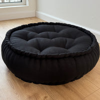 Black Round Hemp Linen Floor Cushion 6" (16cm) filled Organic Hemp Fiber in natural Linen fabric Meditation pillow seat custom made size