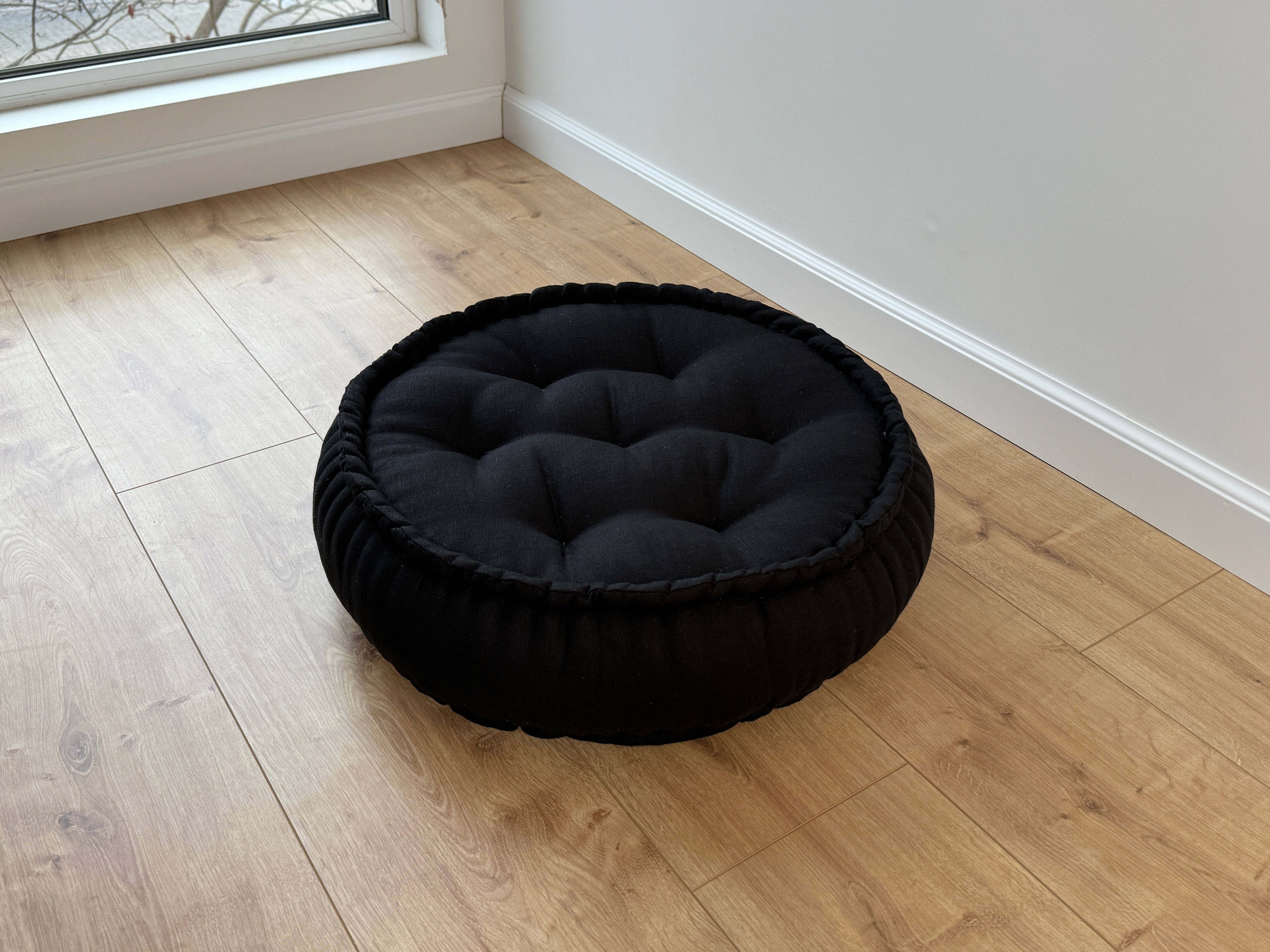 Black Round Hemp Linen Floor Cushion 6" (16cm) filled Organic Hemp Fiber in natural Linen fabric Meditation pillow seat custom made size